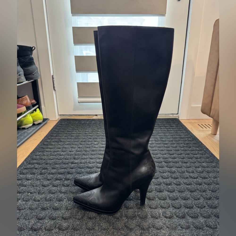 Prada Black Leather Knee High Heeled Boots w/ Embroidered Toe